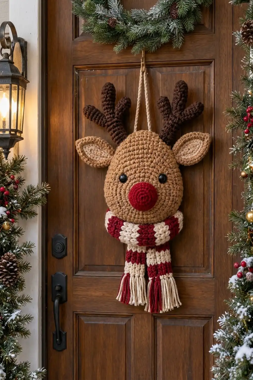 Crocheted tan reindeer with brown antlers, red nose, and striped scarf decorates a dark wooden holiday door.
