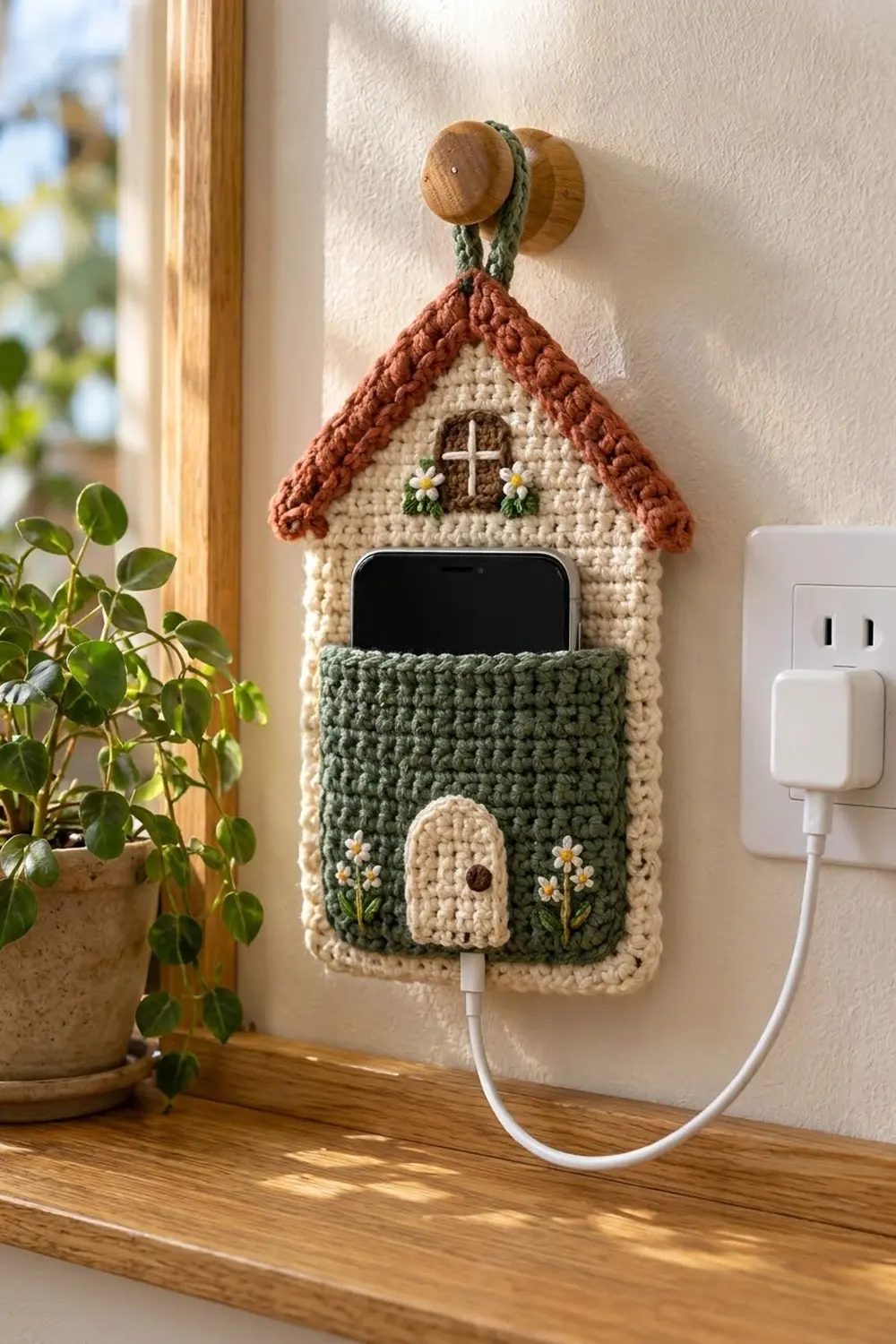 Crocheted cream and rust-colored chapel-shaped phone holder hanging on white wall beside a potted plant.