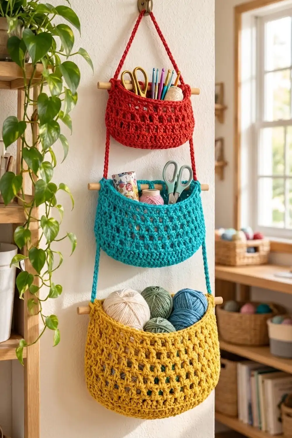 Three-tiered crocheted hanging organizer in red, turquoise, and yellow holding yarn and craft supplies beside a green potted plant.
