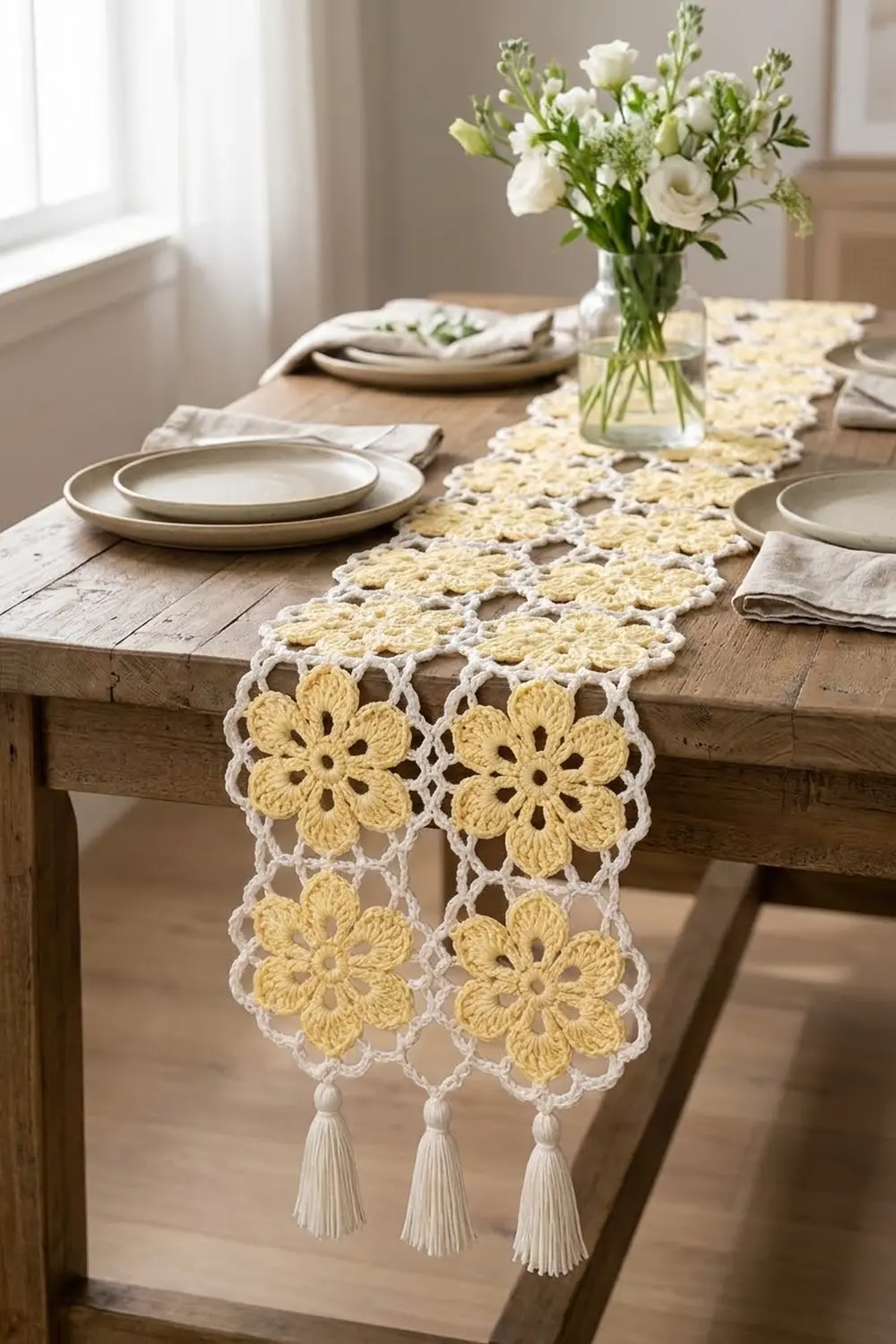 A crocheted yellow and white floral table runner with tassels displayed on a wooden dining table with place settings.