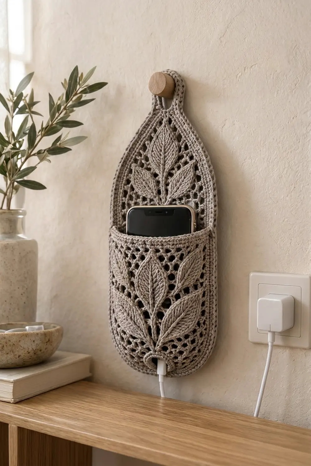 Taupe crocheted wall hanging with openwork leaf pattern holds a smartphone on a textured cream wall.