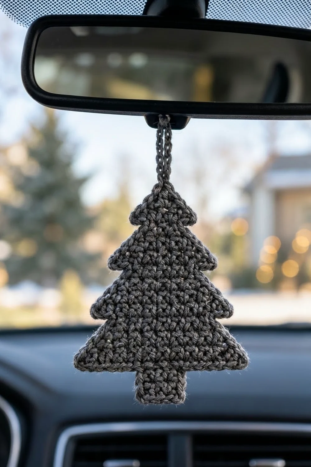 A hand-crocheted gray Christmas tree ornament dangles from a car rearview mirror with holiday lights visible through the windshield.