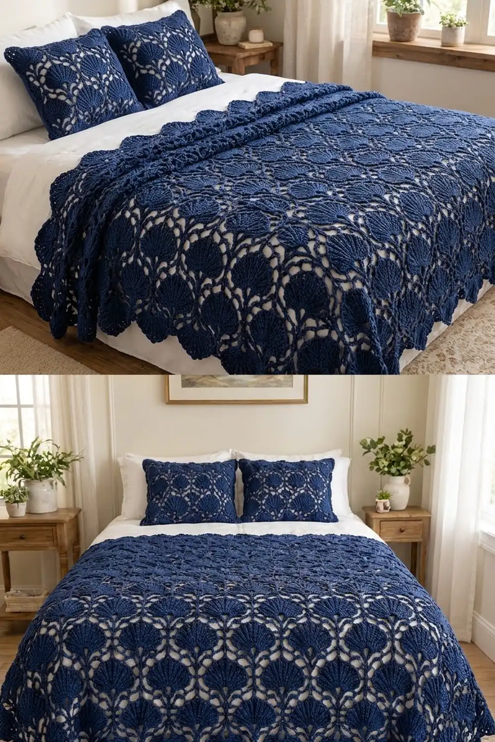Navy crocheted lace bedspread with fan-like pattern and matching pillows styled on white bedding in a coastal bedroom.