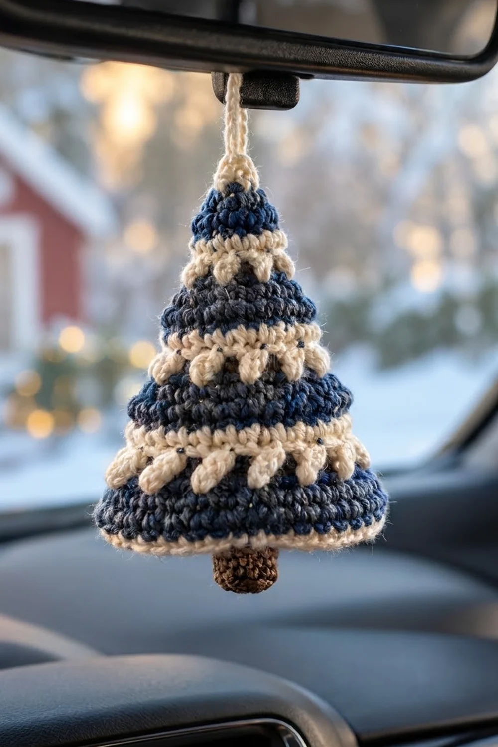 Crocheted navy and cream striped tree ornament hanging from a car's rearview mirror with snowy landscape in background.