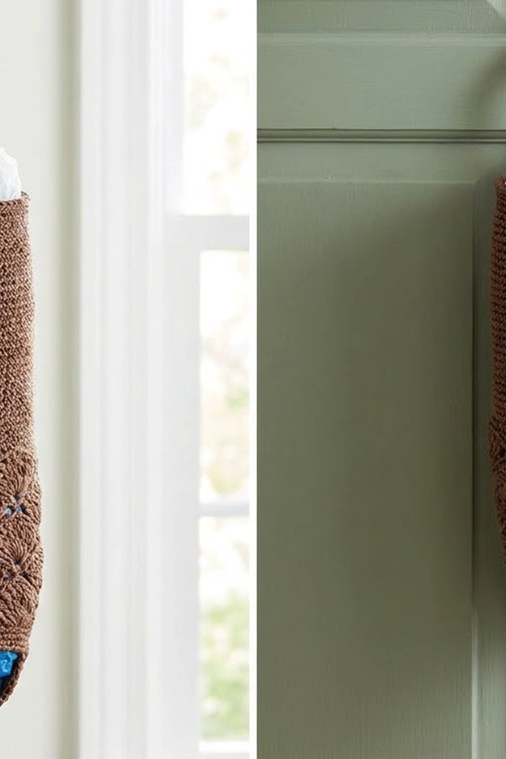 Brown crocheted wall hanging with blue label displayed by a sunlit window against sage green cabinetry.