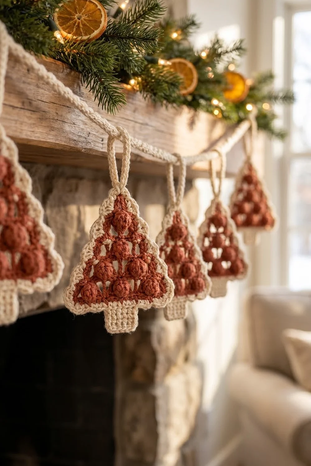 Red and cream crocheted tree ornaments hang from rope on a festive mantel with evergreen, dried citrus, and warm lights.