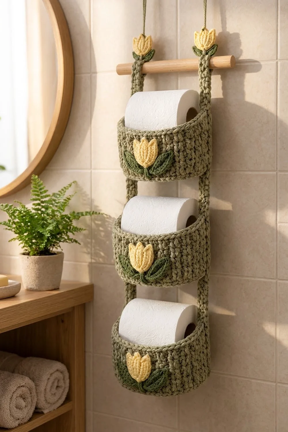 Sage-green crocheted toilet paper holder with yellow tulips displayed on bathroom wall holding white rolls.