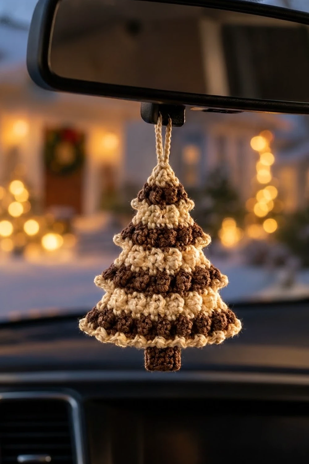 Cream and brown crocheted Christmas tree ornament hanging from a car rearview mirror with blurred holiday lights in the background.