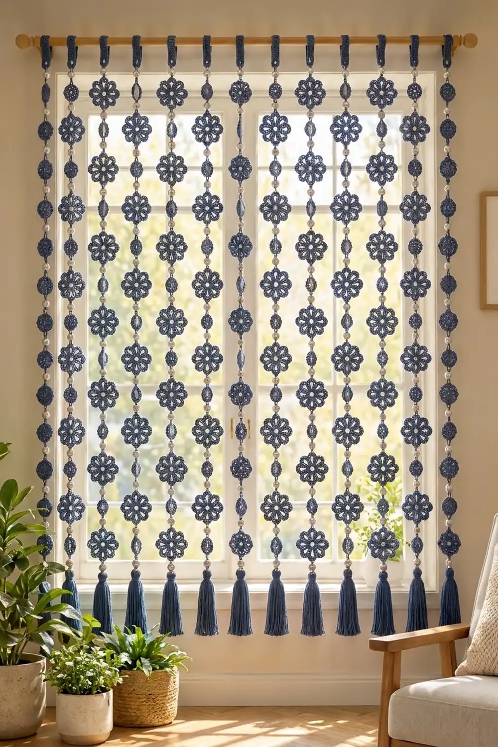 Dark blue crochet window hanging with ornate circular motifs and tassels displayed above houseplants in bright natural sunlight.