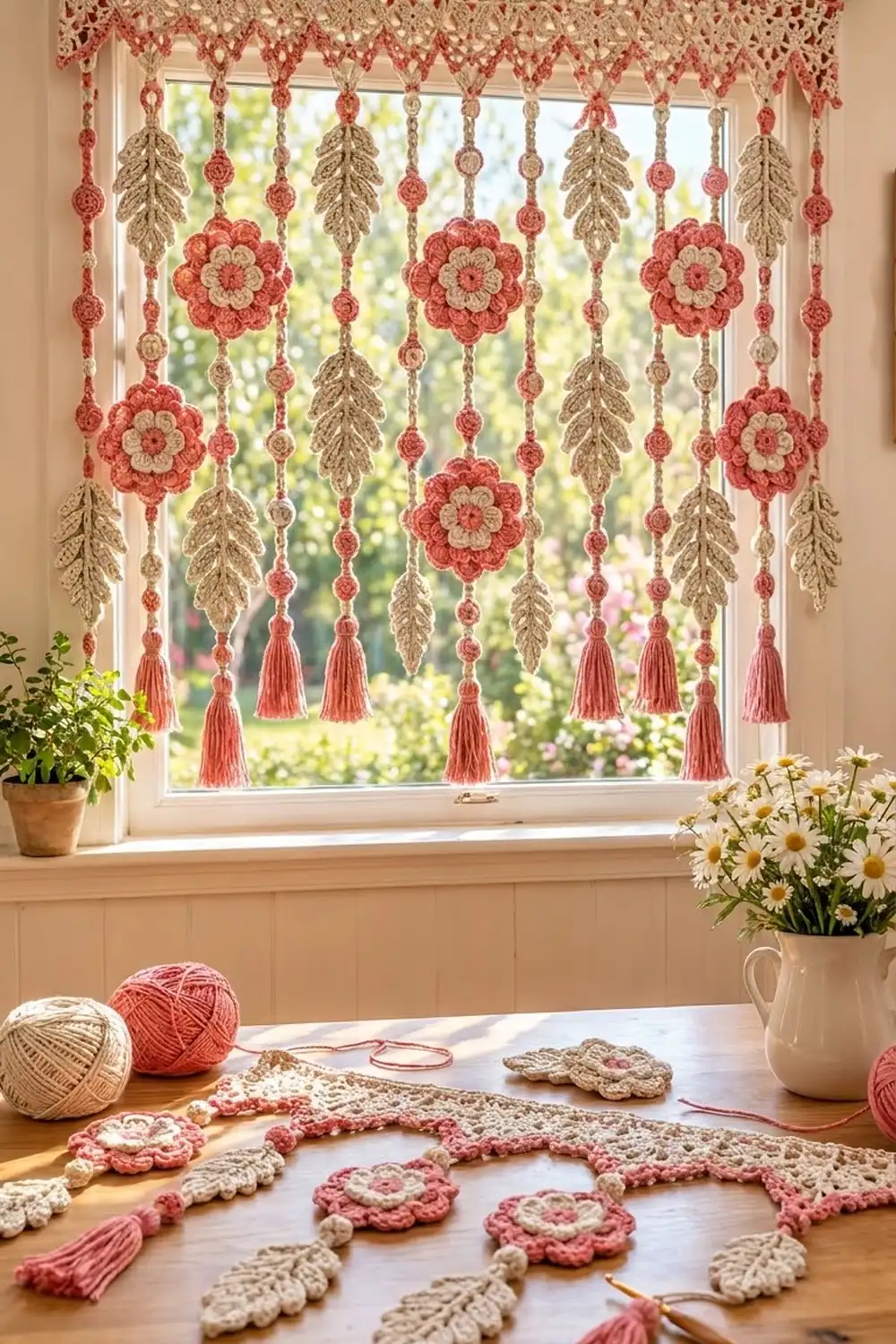 Crocheted pink and cream window hanging with flowers, leaves, and dangling tassels displays above a sunny sill with plants.