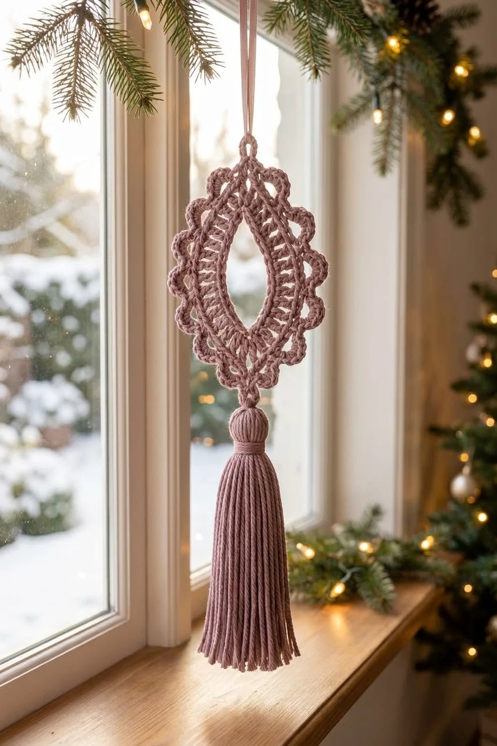 A dusty mauve crocheted ornament with tassel hangs in a snowy window decorated with evergreen garland and gold lights.