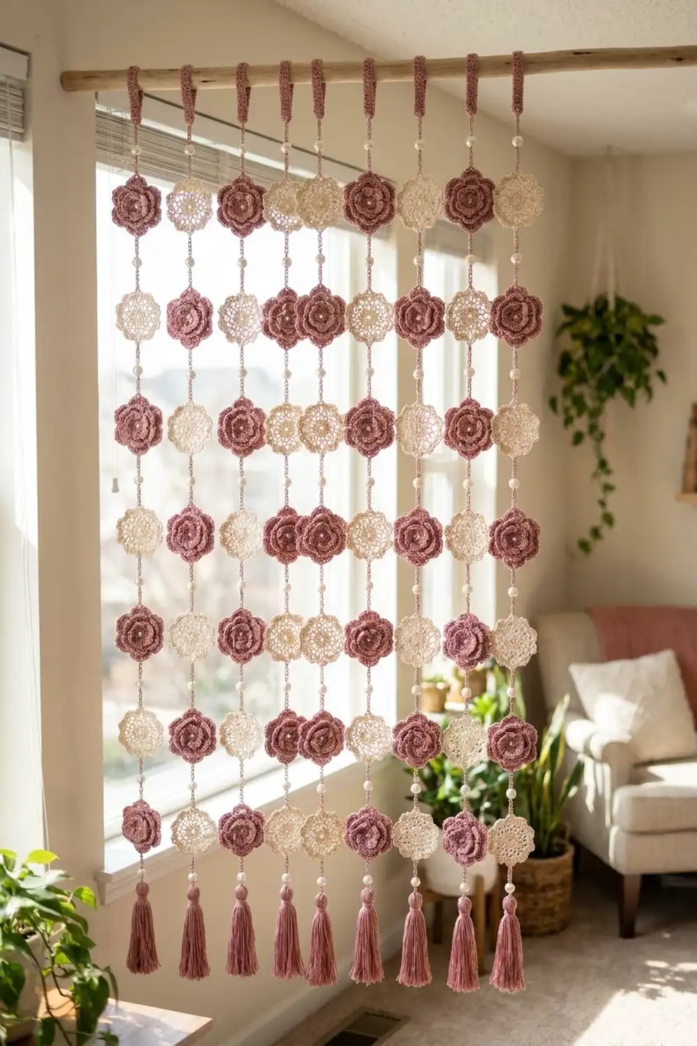 Crocheted hexagonal window hanging in mauve and cream hangs from a wooden rod, filtering sunlight into a bright living room.