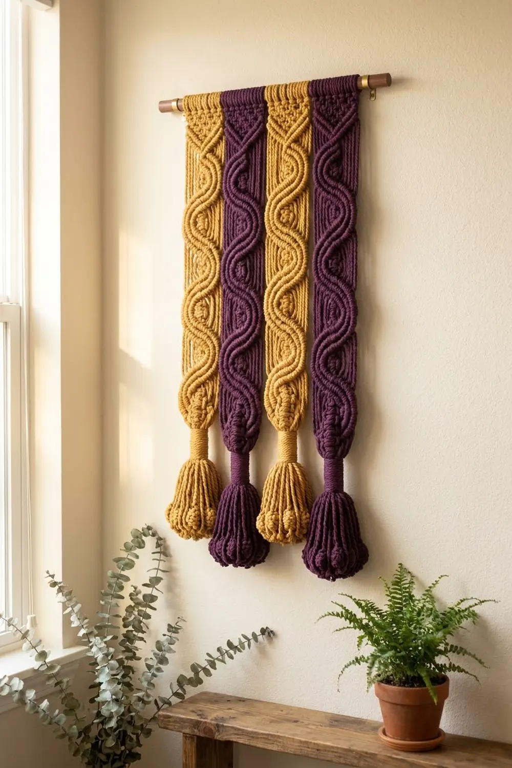 A macramé wall hanging in gold and purple stripes with tassels hangs above potted plants on a wooden shelf.