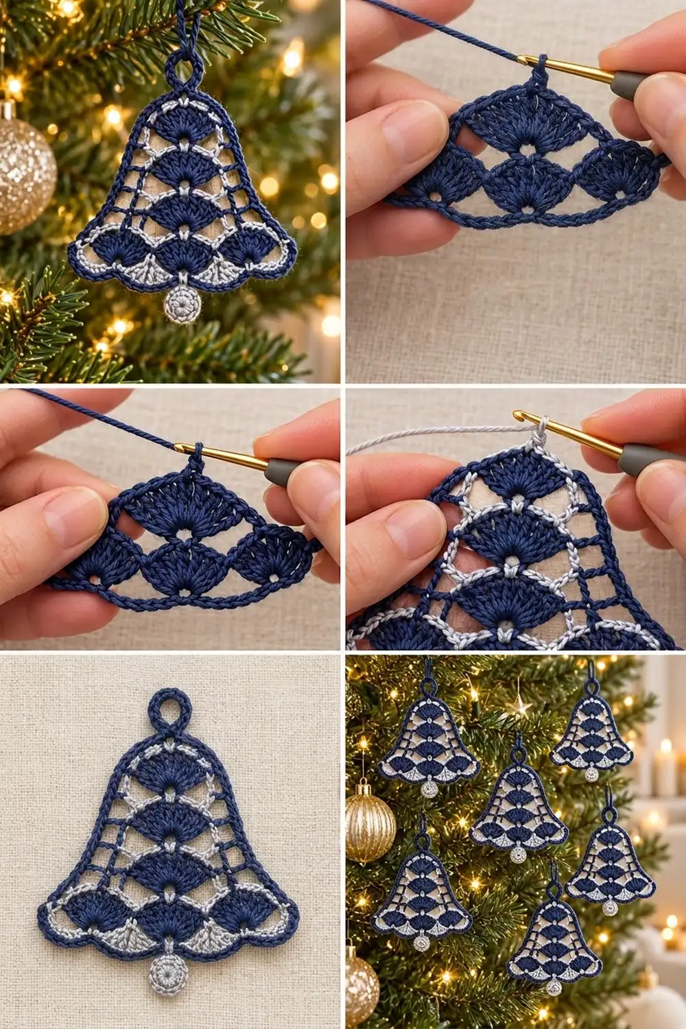 Navy blue crocheted lace bell ornaments with white beads hanging on a Christmas tree with gold lights.