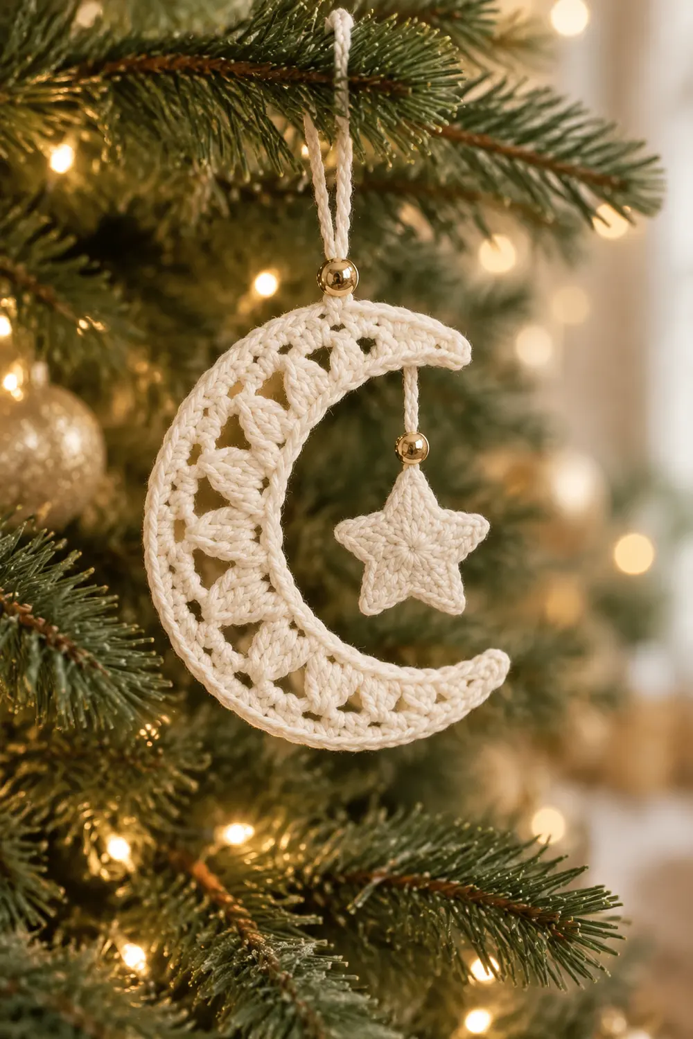 A crocheted cream moon ornament with hanging star dangles from an evergreen branch adorned with warm lights.