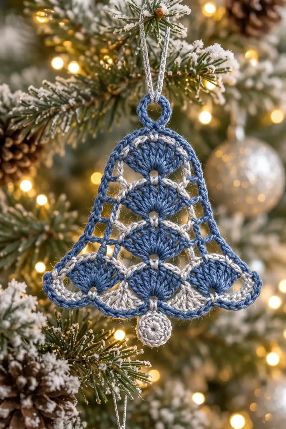 A blue and white crocheted Christmas tree ornament hanging from a frosted evergreen branch with warm lights.