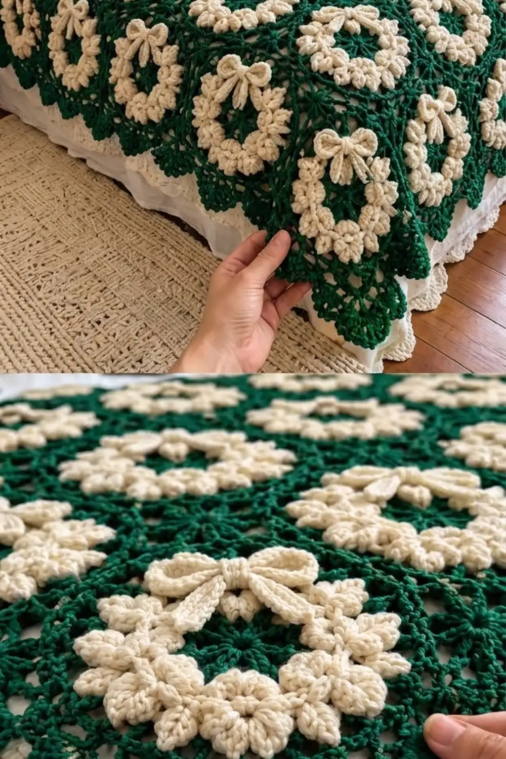 A crocheted green and cream blanket with decorative flower and bow motifs draped over furniture in a home setting.
