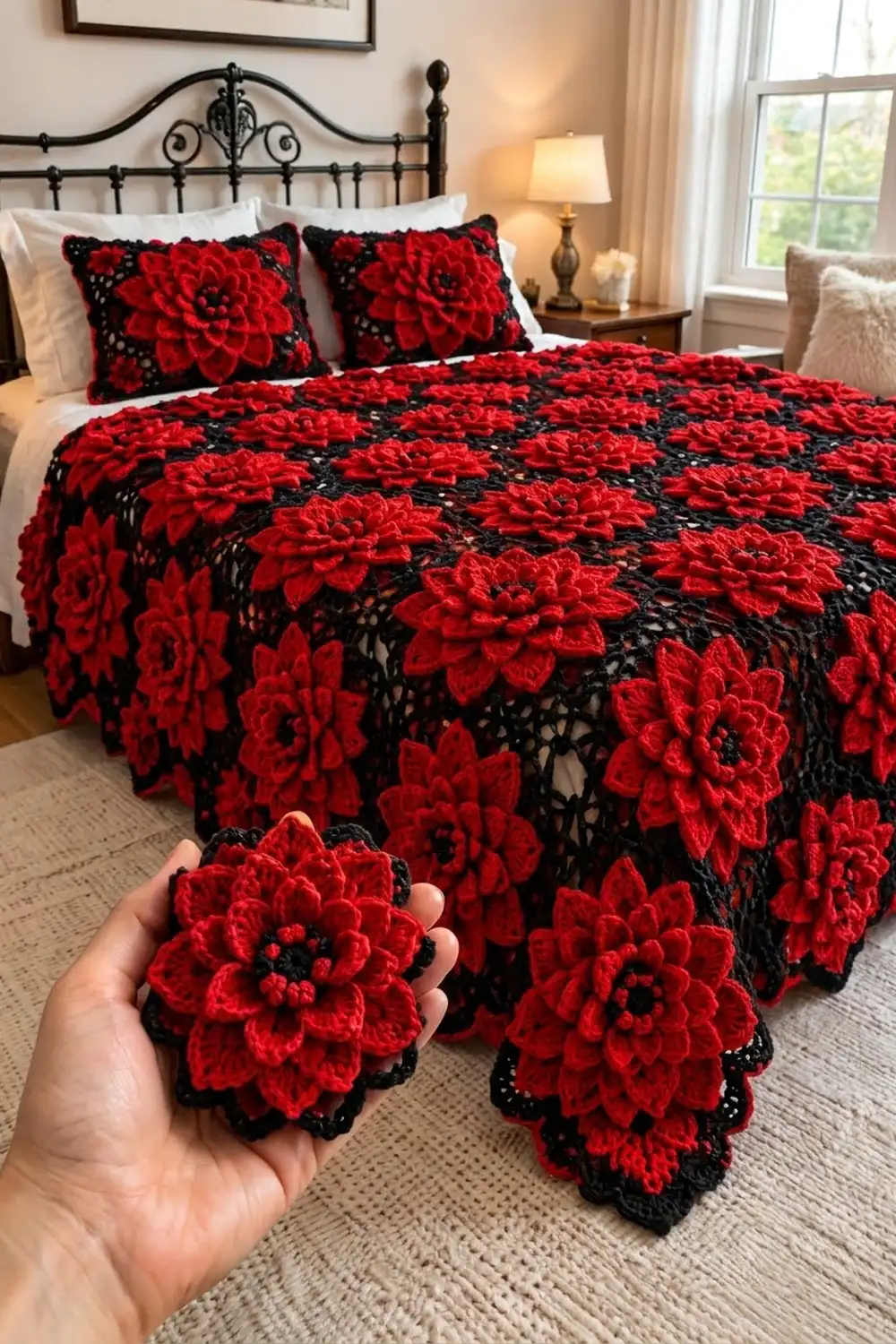 A hand holds a red and black crocheted flower motif from a matching bedspread on an ornate bed in a bedroom.