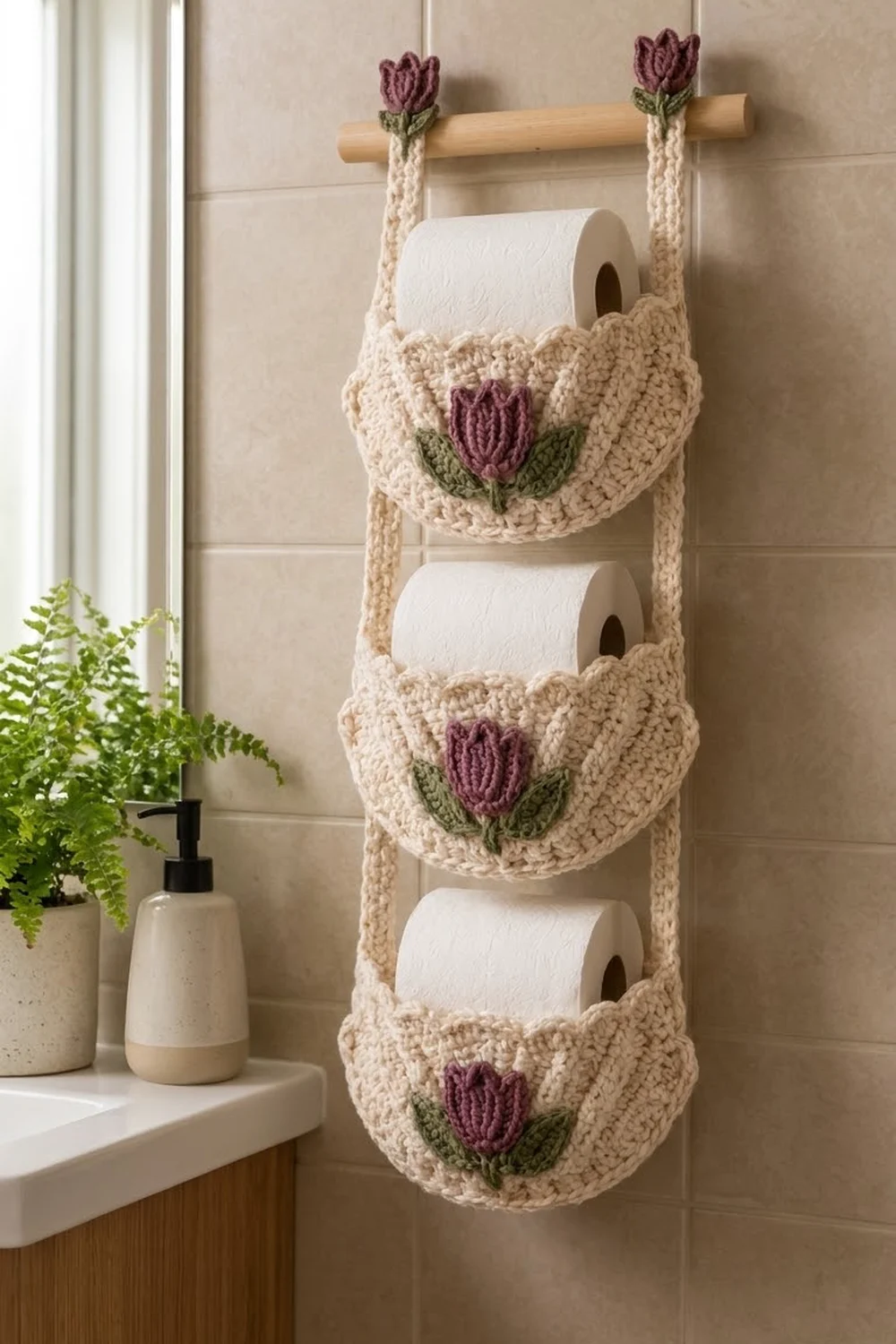 Cream crochet toilet paper holder with three pockets each topped with a burgundy flower decoration on wall.