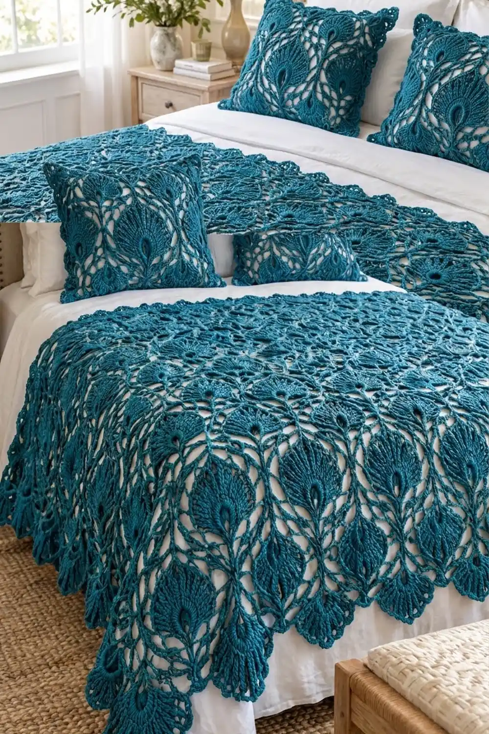 Teal crocheted bedding with shell-stitch leaf pattern and scalloped edges displayed on a white bed in a bright bedroom.