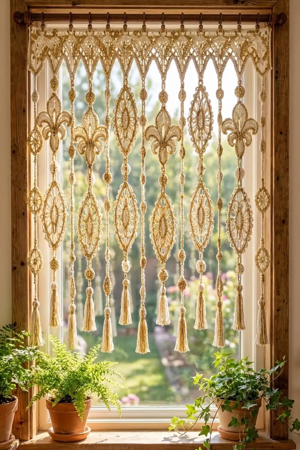 Intricate cream macramé window curtain with gold geometric patterns and beaded tassels hung above green potted plants.
