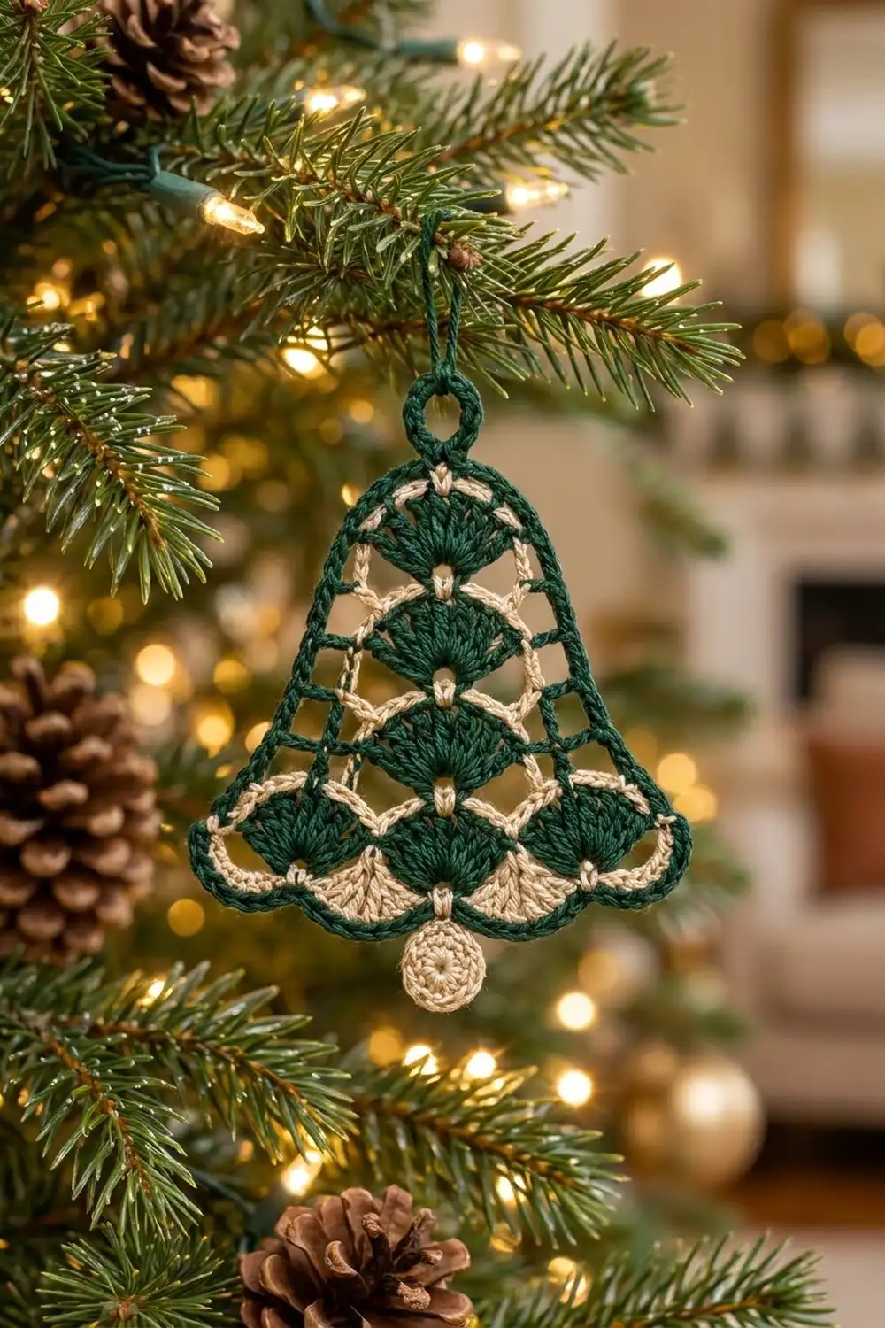 A crocheted green and cream Christmas tree ornament hangs from an evergreen branch with warm white lights.