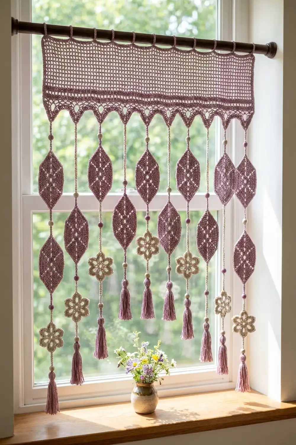 Brown crocheted window valance with hanging diamond motifs and tassels displayed on a sunny windowsill with fresh flowers.
