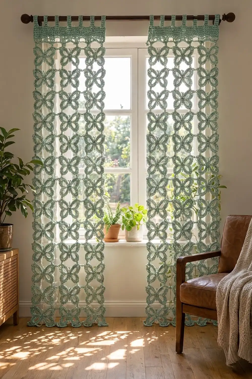 Sage-green crocheted lace curtains with quatrefoil pattern hang on a wooden rod framing a bright window in a mid-century home.