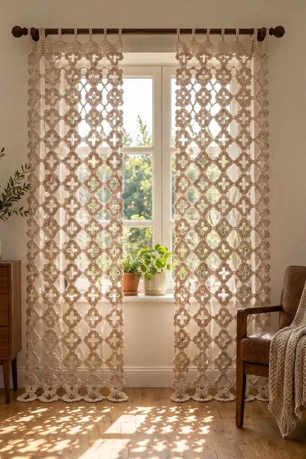 Cream crocheted lace curtain panels with diamond pattern hang at a window, filtering light with potted plants on the sill.