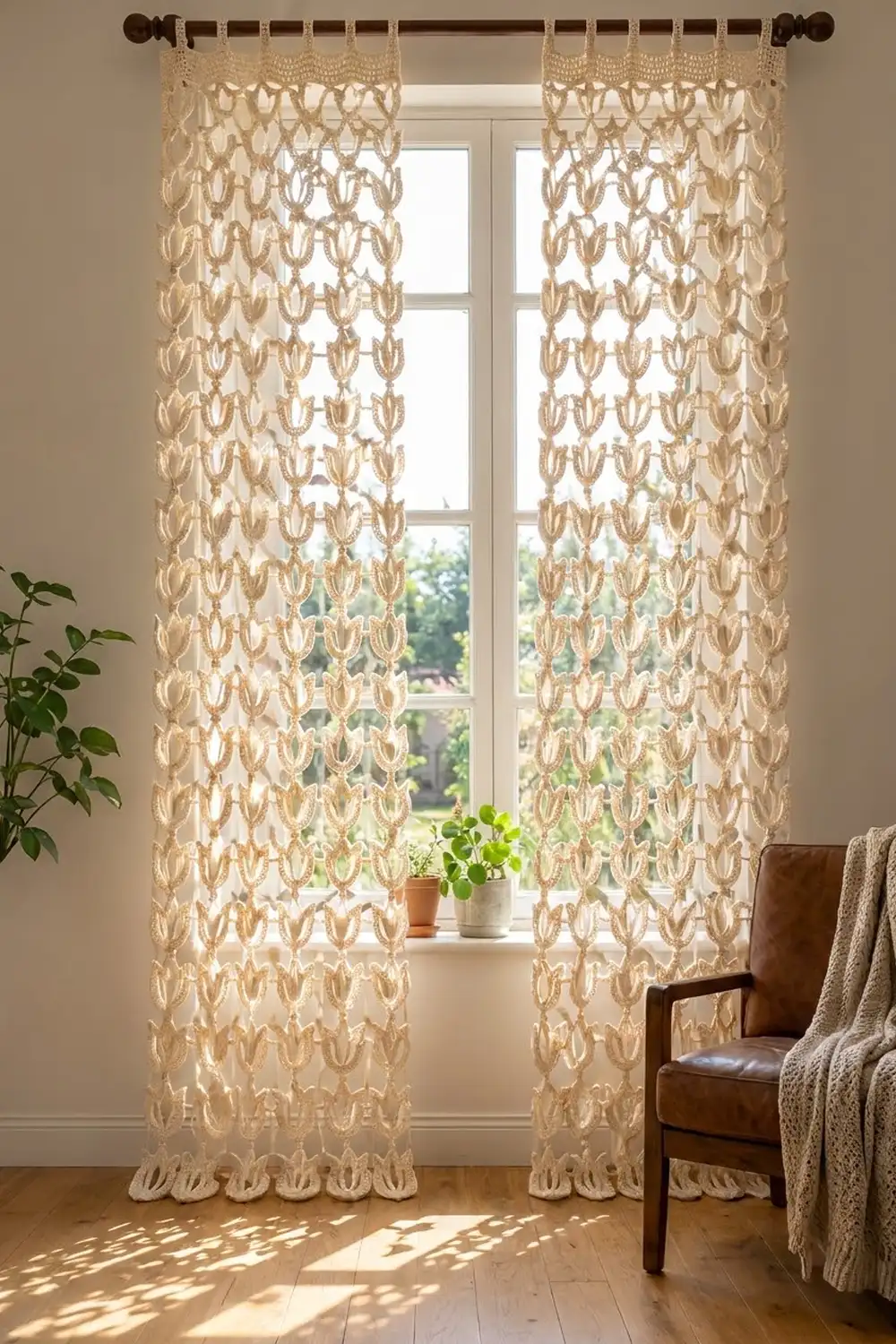 Pair of cream crochet curtains with lacy openwork pattern frame a sunny window, styled with leather chair and plants.