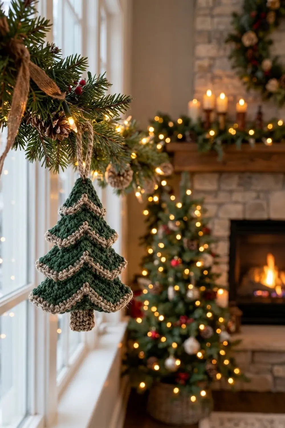Green and tan crocheted Christmas tree ornament hung on evergreen garland beside a fireplace and decorated tree with warm lights.