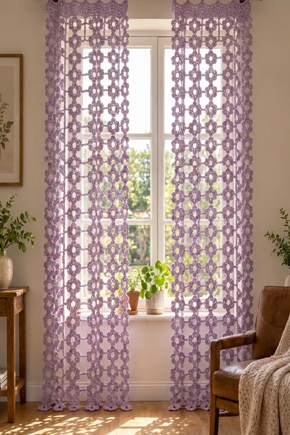 Lavender crochet lace curtains with geometric flower motifs frame a sunlit window with potted plants, creating a serene, airy setting.