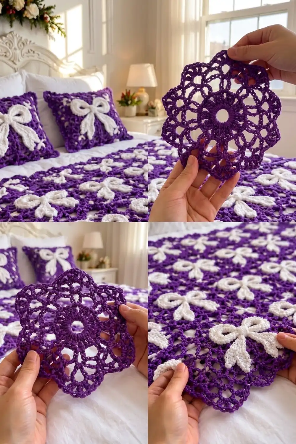 A hand holds a purple crocheted doily above a coordinating bedspread in a bright, elegant bedroom.
