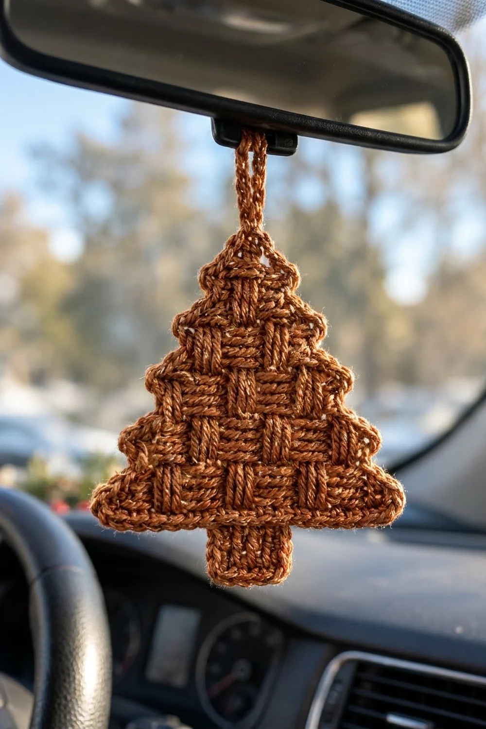 Rust-brown crocheted tree ornament hanging from a car's rearview mirror with a windshield view of trees in the background.