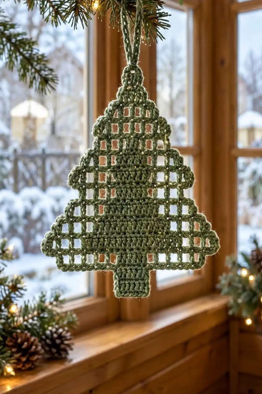Green crocheted tree ornament with lattice openwork showing rust-toned squares, hanging in snowy window with evergreen garland and lights.