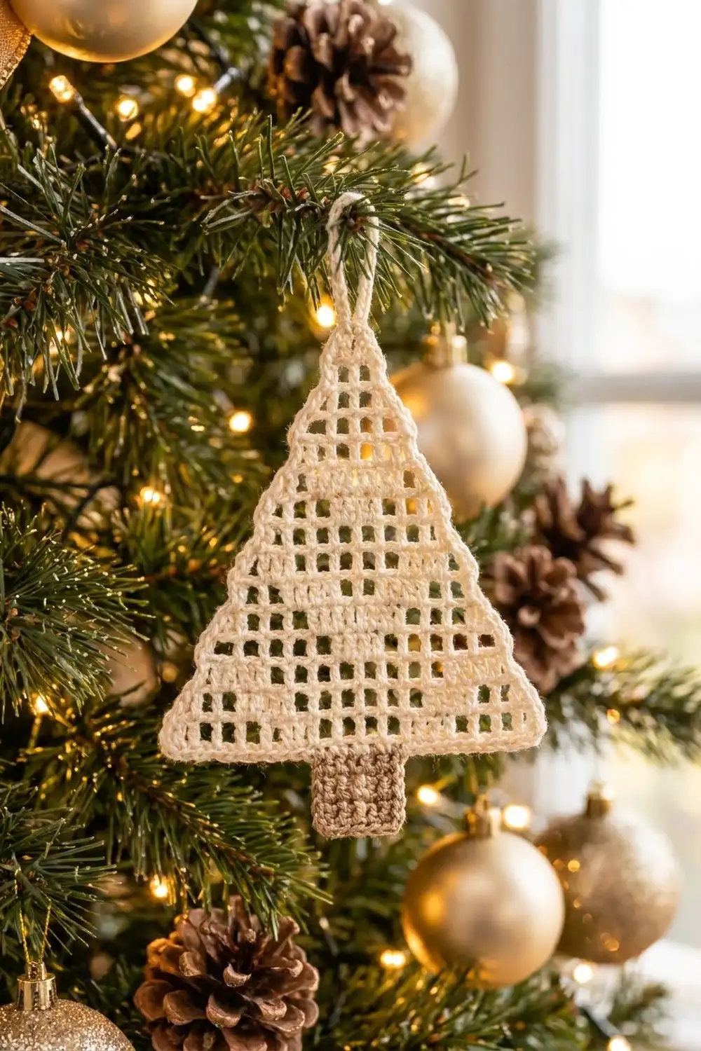 Cream-colored crocheted tree ornament with openwork pattern hangs on evergreen branches decorated with warm lights and pinecones.
