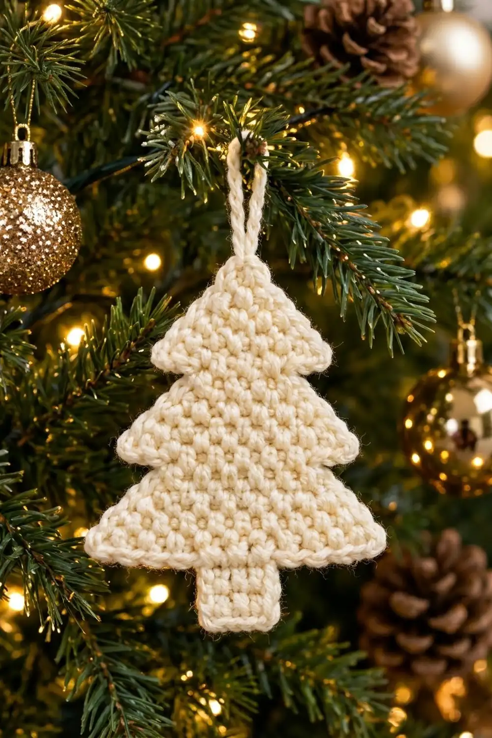 Cream-colored crocheted Christmas tree ornament hanging among evergreen branches with warm golden lights and metallic ornaments.