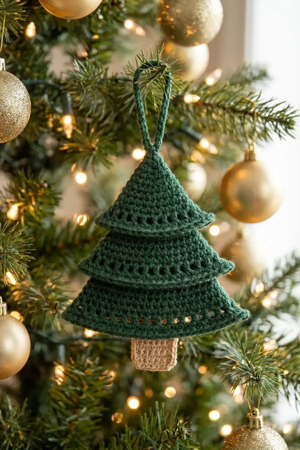 Dark green crocheted Christmas tree ornament with tan trunk hangs from cord on lit tree with gold and white baubles.