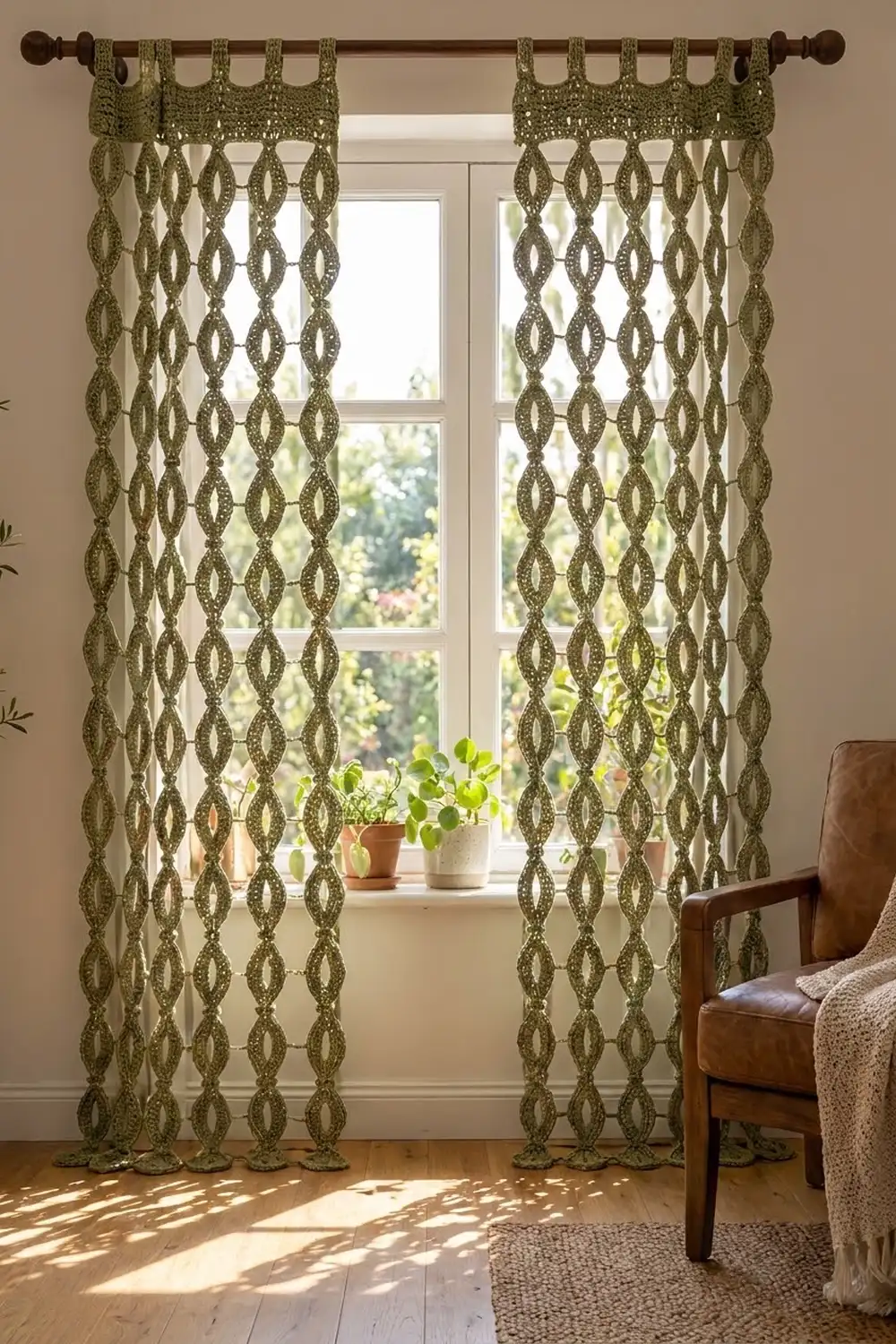 Olive green crocheted curtains with diamond lattice pattern hang on a dark rod, filtering light through a bright window.