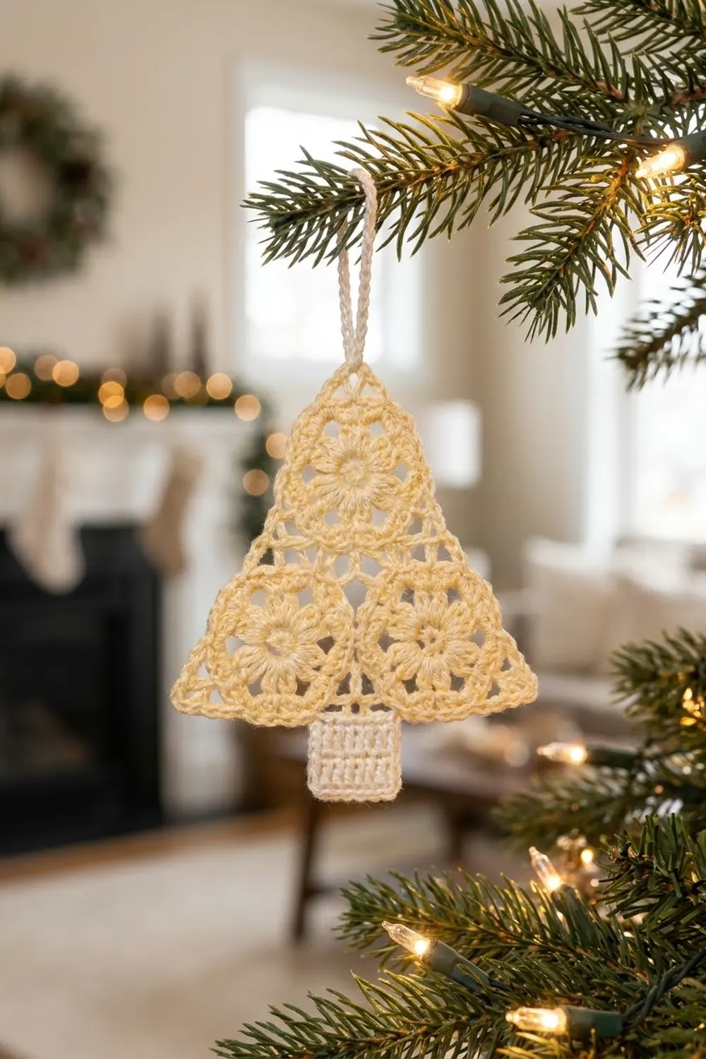 Golden crocheted Christmas tree ornament with openwork pattern hanging from fresh evergreen branch with warm holiday lights in background.