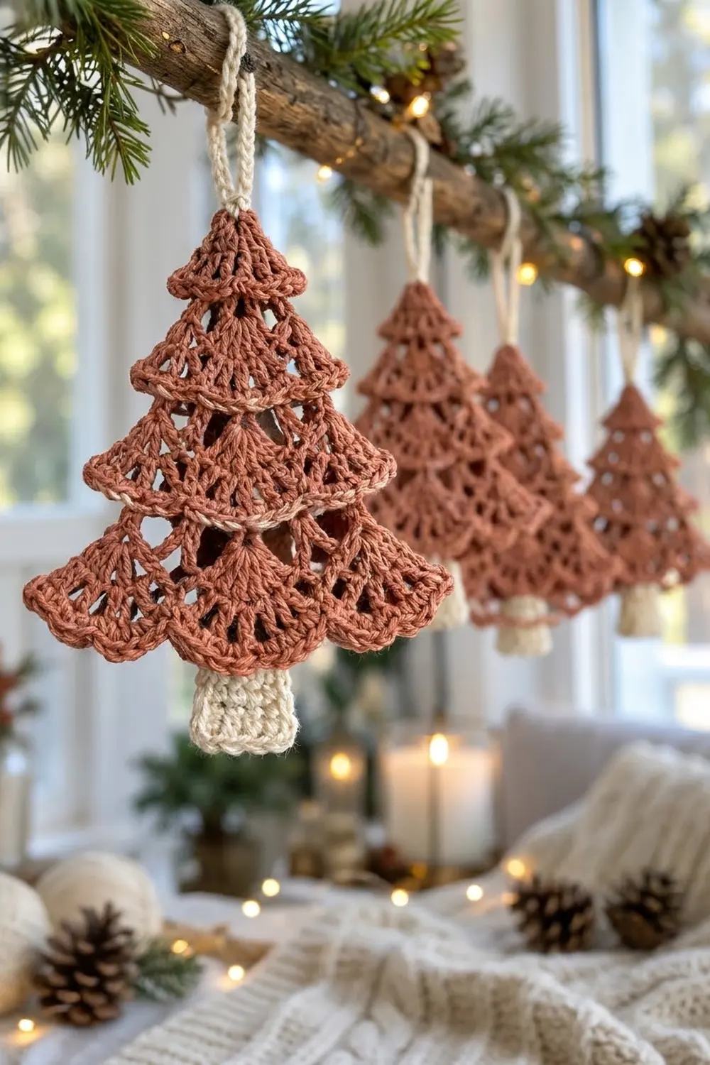 Terracotta crochet Christmas tree ornaments with cream trunks, hanging from twine on a branch with garland, lights, and pinecones.