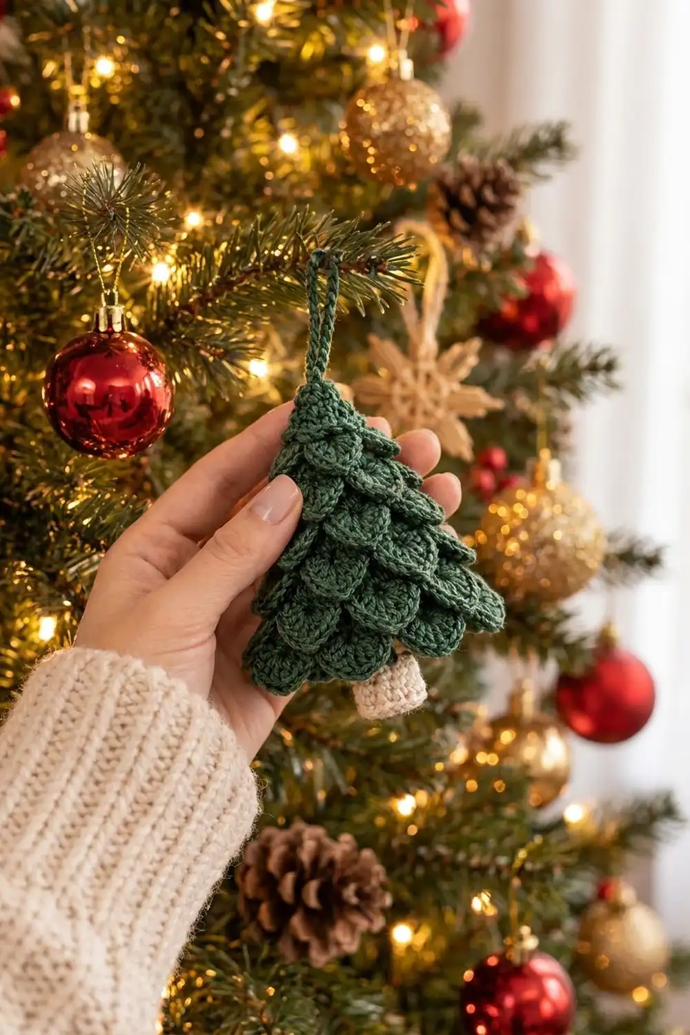 Hand holding a dark green crocheted Christmas tree ornament with cream trunk in front of a decorated, lit holiday tree.