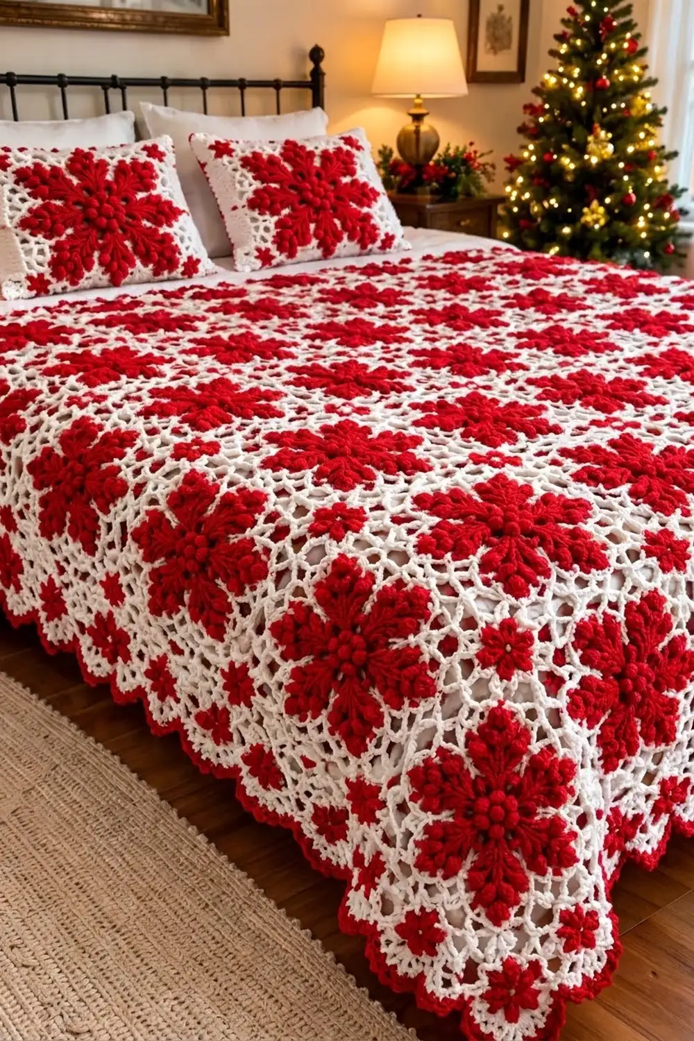 A red and white crocheted poinsettia bedspread and matching pillows on a bed decorated for Christmas.