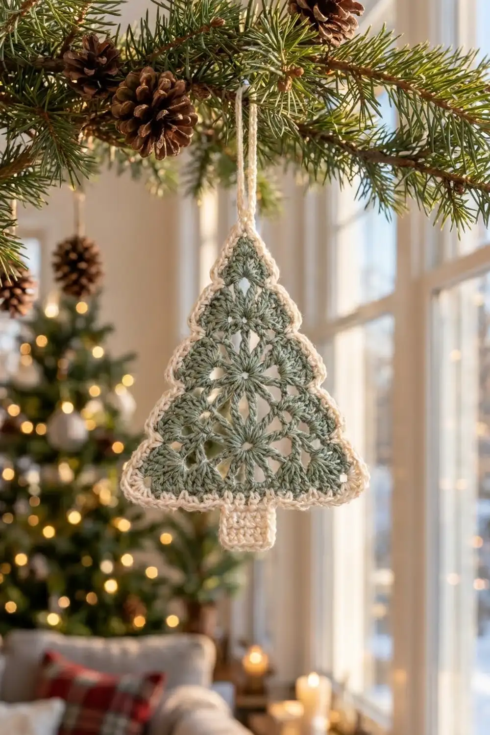 Sage green crocheted tree ornament hangs from an evergreen branch above a glowing Christmas tree by a window.