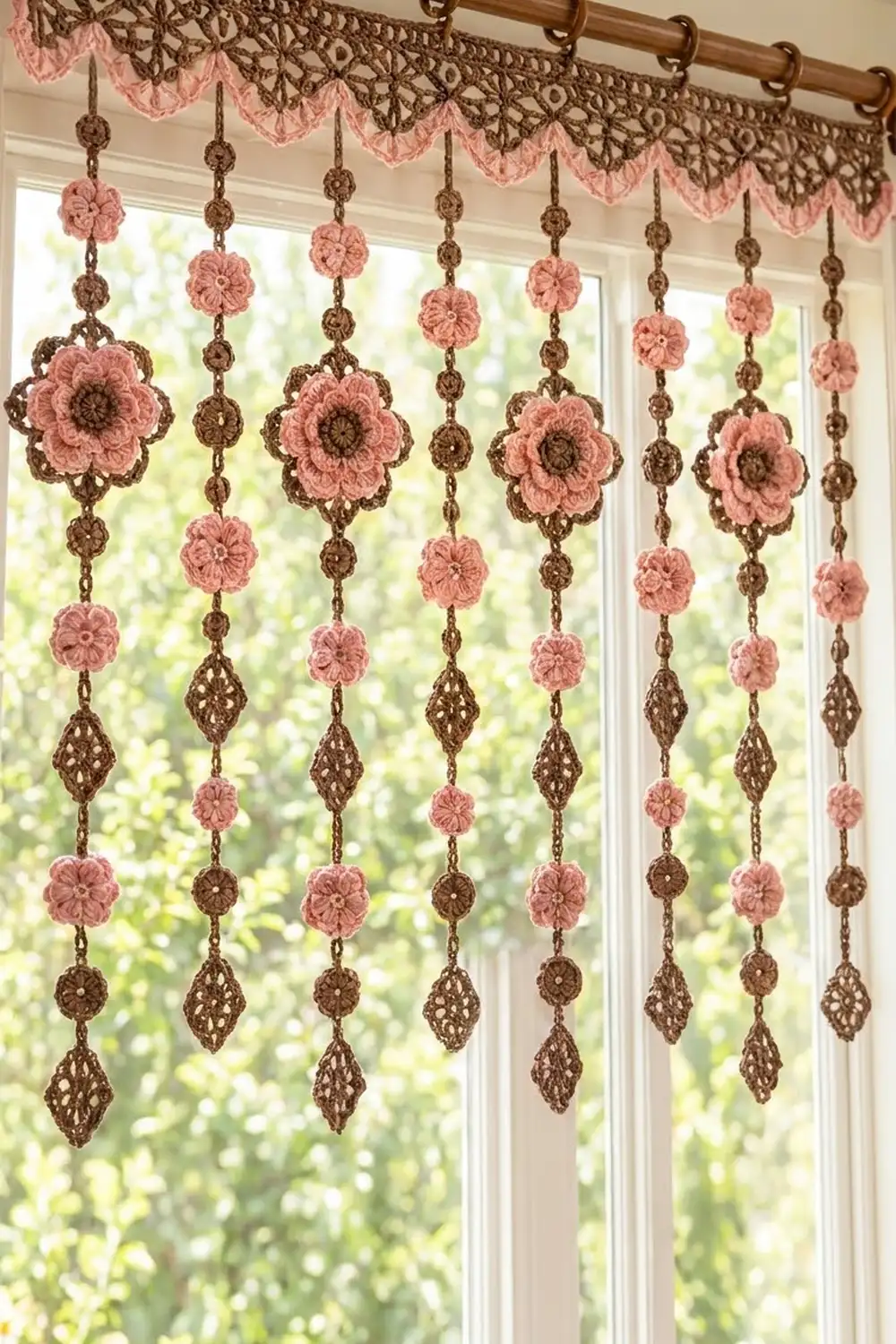 Pink and brown crochet curtain with dangling beaded flowers and decorative strands displayed in front of a window.