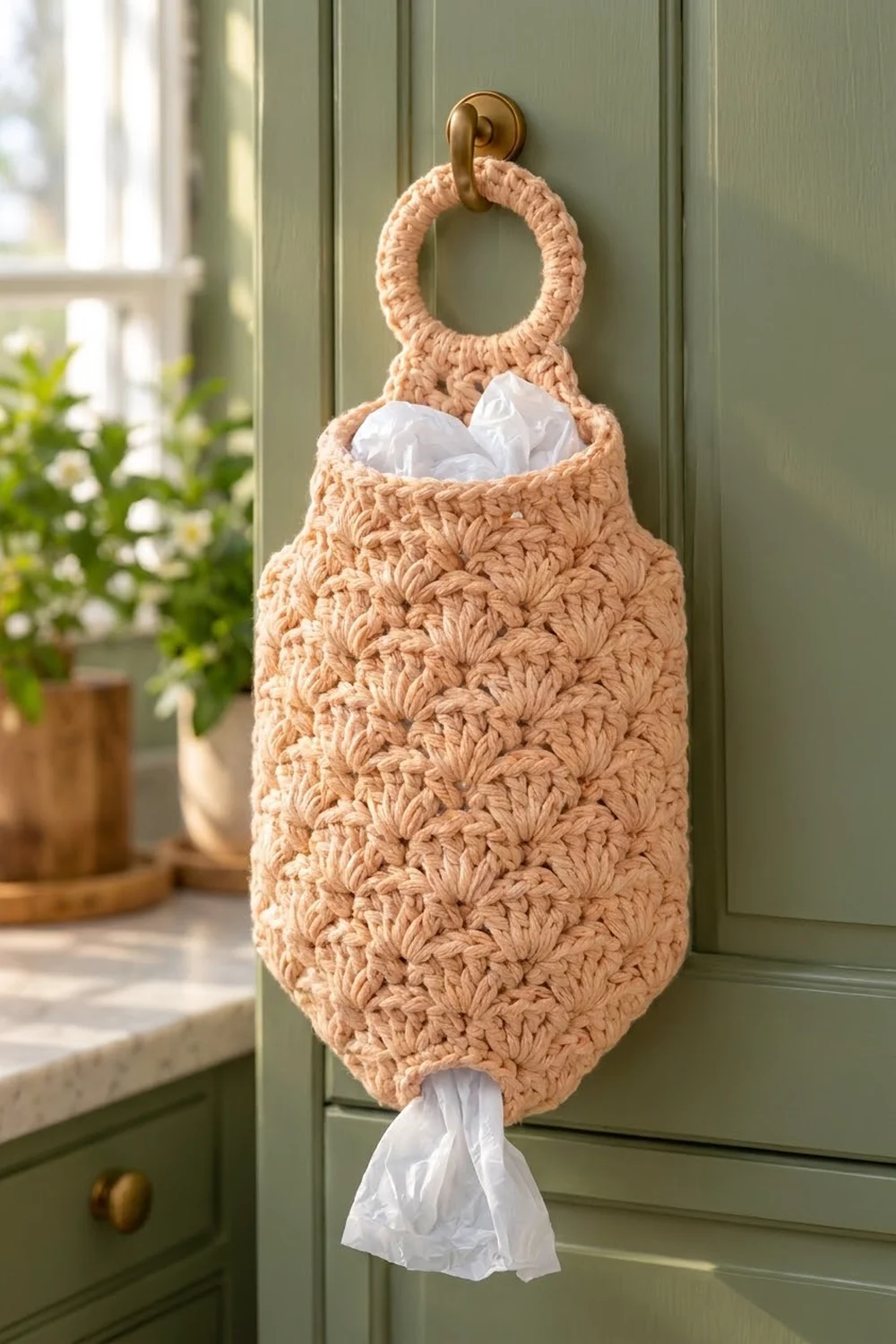 A crocheted tan bag holder filled with white plastic bags hangs on a sage green cabinet.