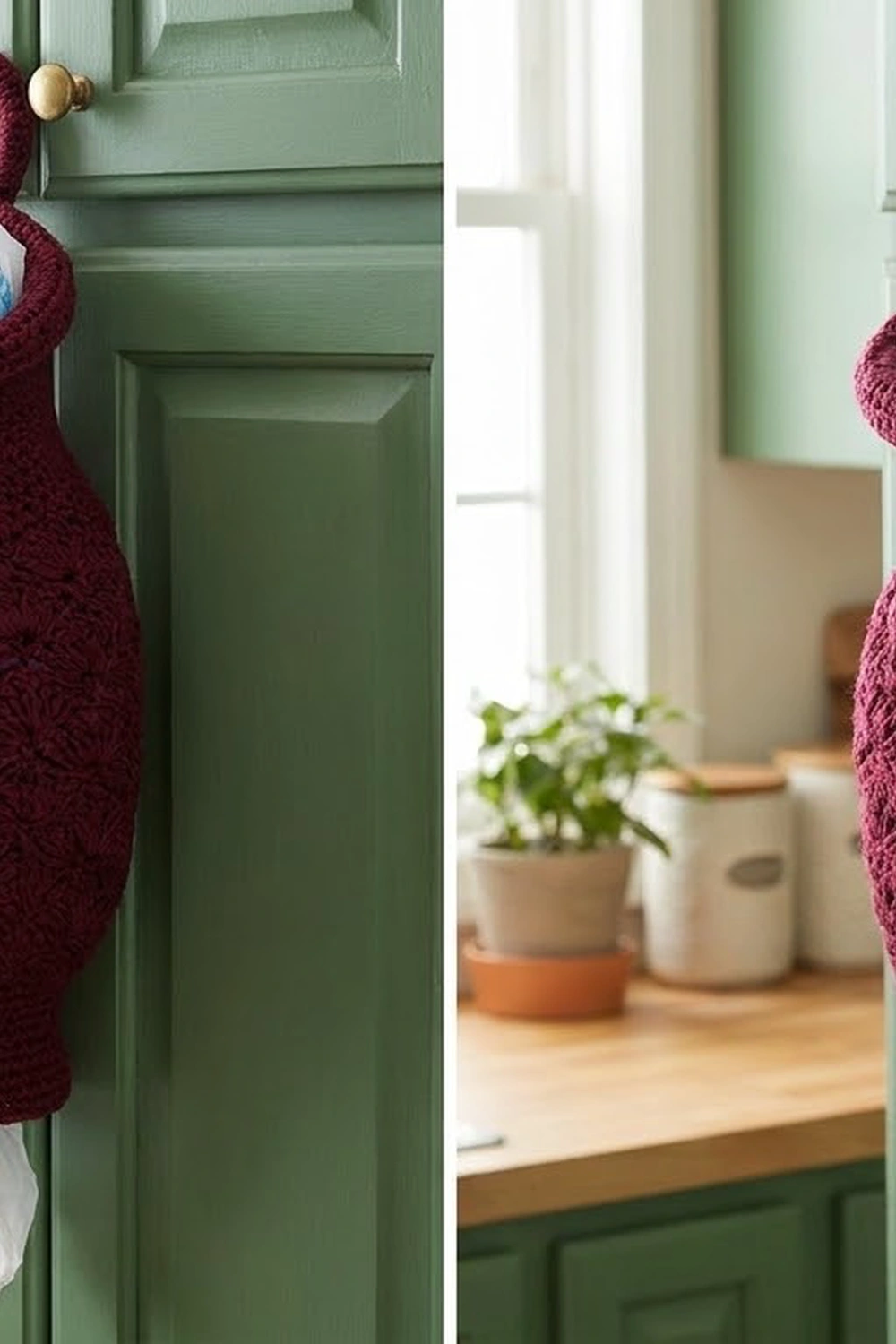 Burgundy crocheted throw draped on a sage green door in a bright kitchen with potted plants and wooden counter visible.