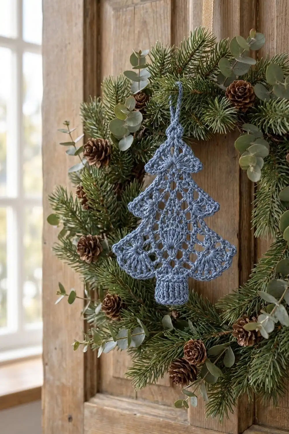 Blue crocheted lace tree ornament hangs from an evergreen wreath with pinecones and eucalyptus on a wooden door.