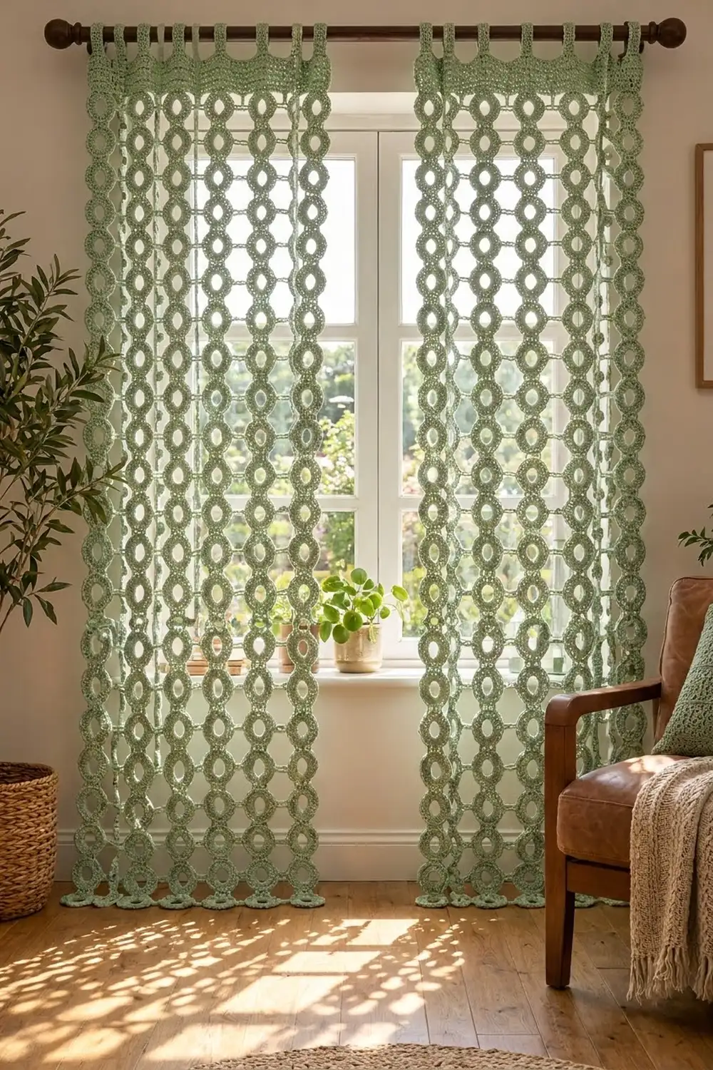 Sage green lace curtains with geometric lattice pattern hung on wooden rod above window in warm, neutral living room.