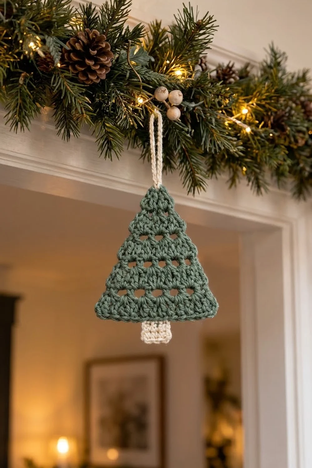 Sage green crocheted Christmas tree ornament with cream trunk, hanging from an evergreen garland with lights and pinecones.